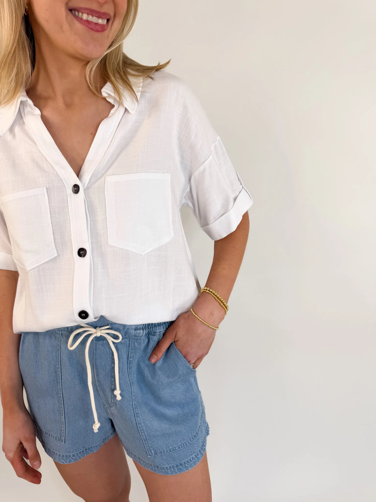 Roll Up Ivory Button Down Blouse
