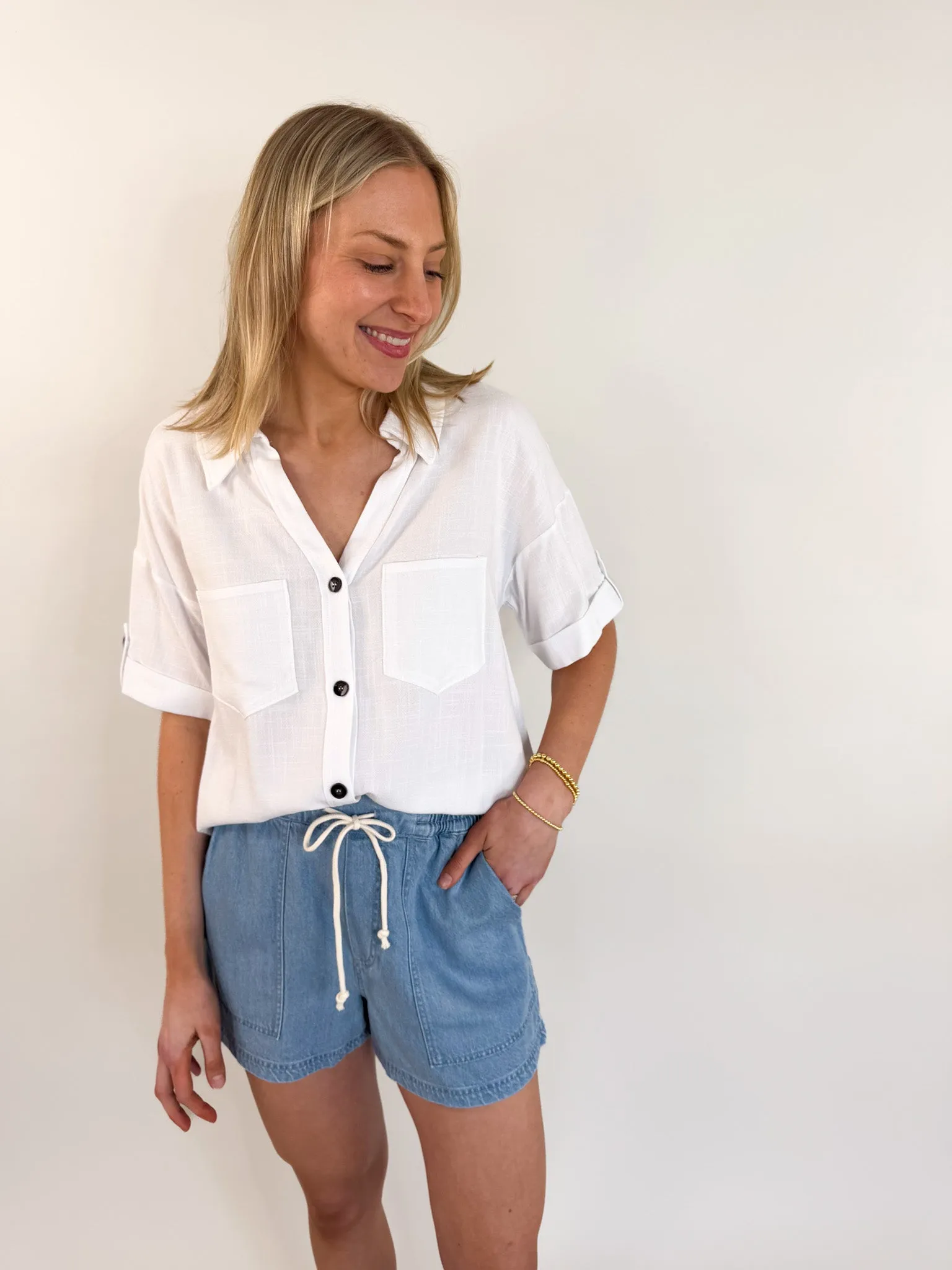 Roll Up Ivory Button Down Blouse