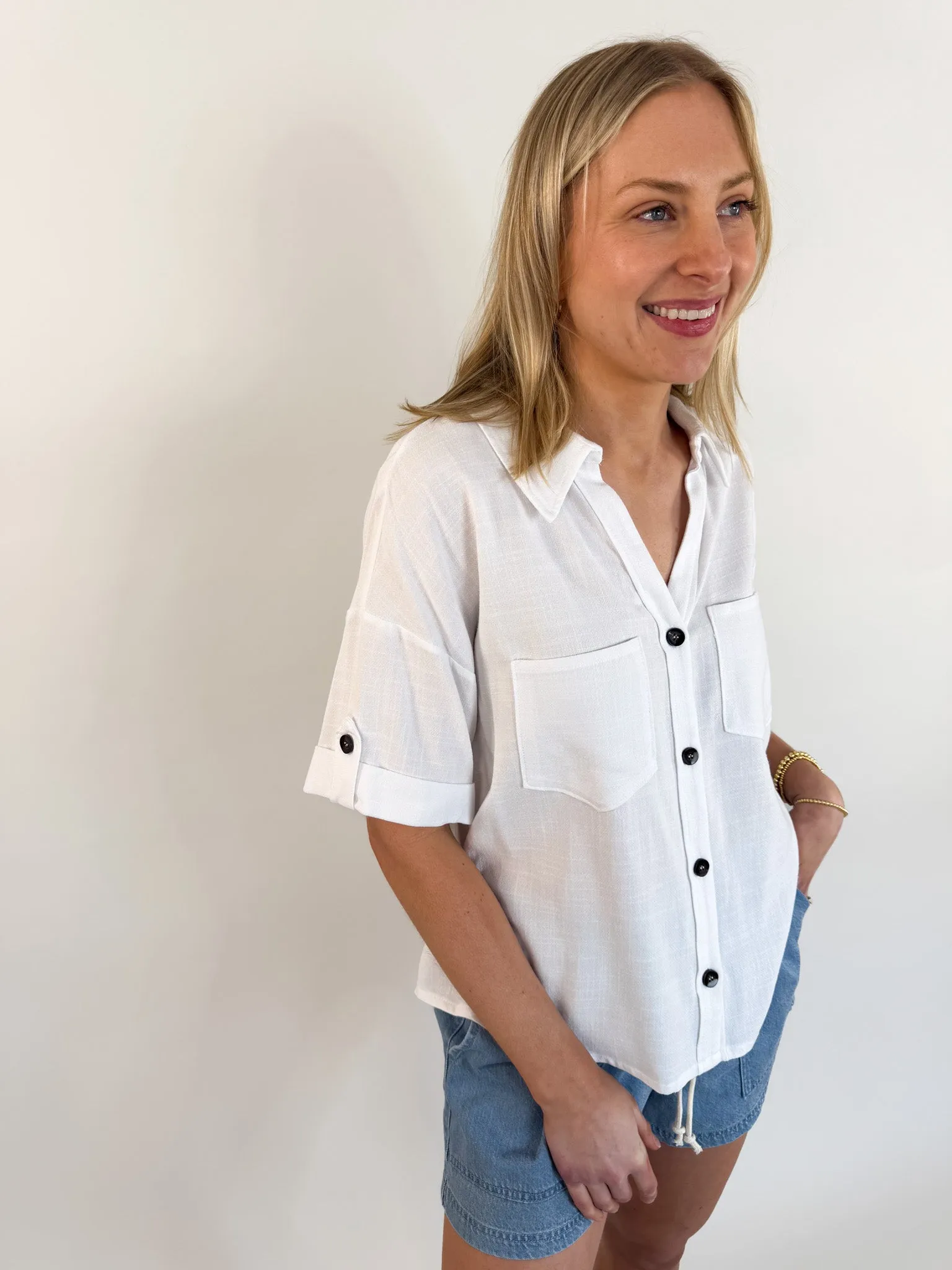 Roll Up Ivory Button Down Blouse