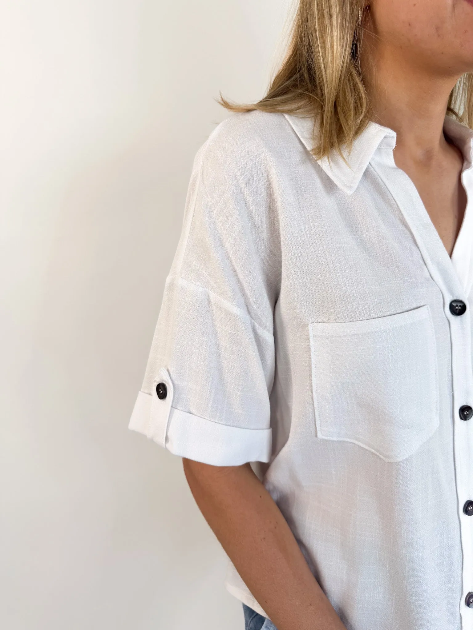 Roll Up Ivory Button Down Blouse