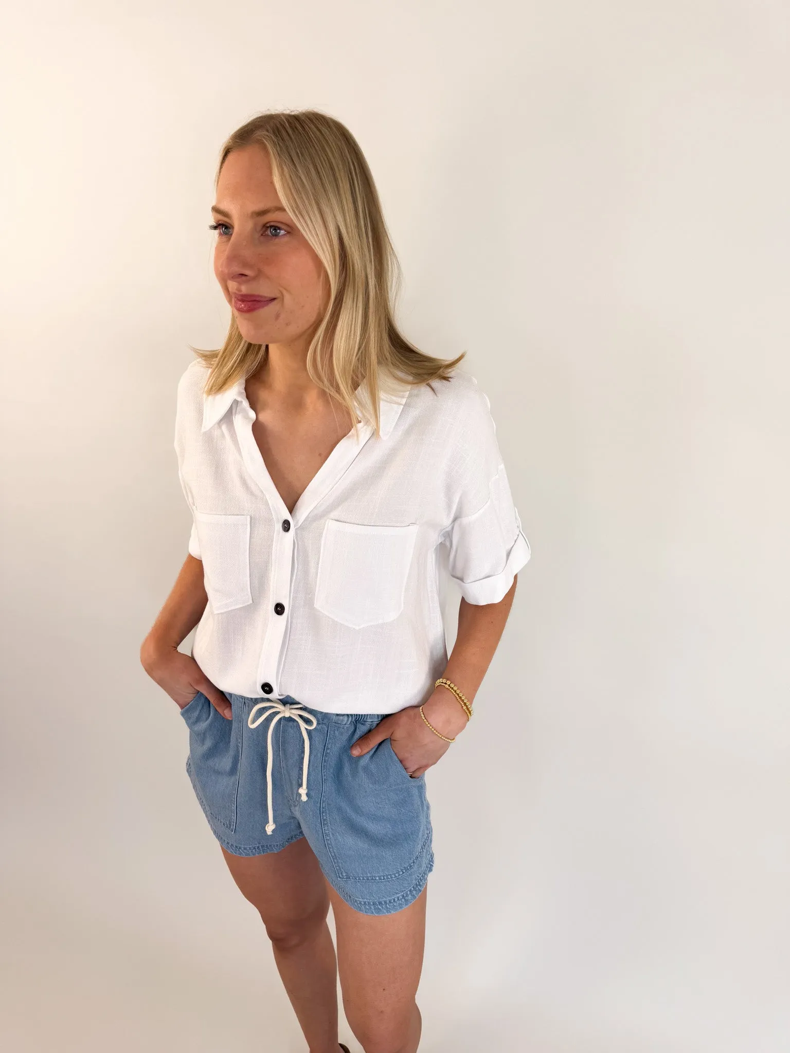 Roll Up Ivory Button Down Blouse