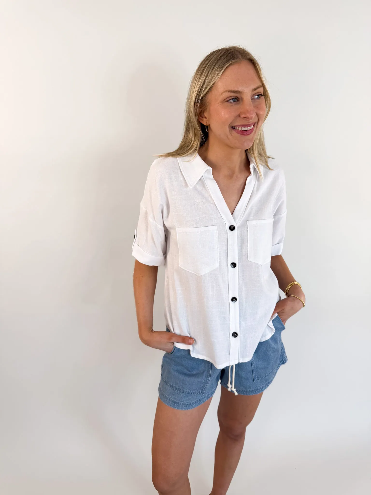 Roll Up Ivory Button Down Blouse