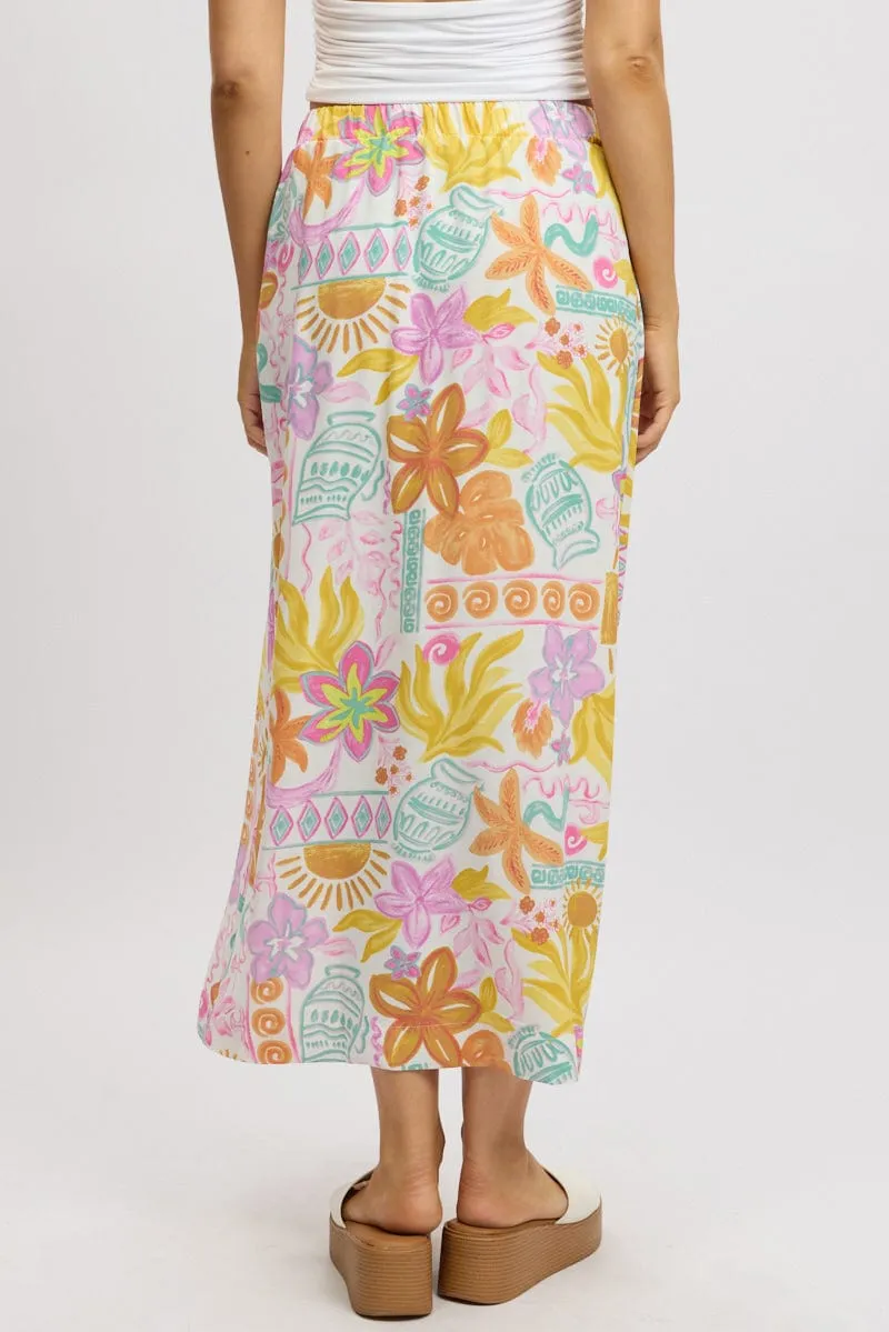 White Abstract Wrap Skirt High Waisted Midaxi
