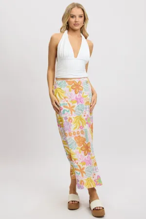 White Abstract Wrap Skirt High Waisted Midaxi