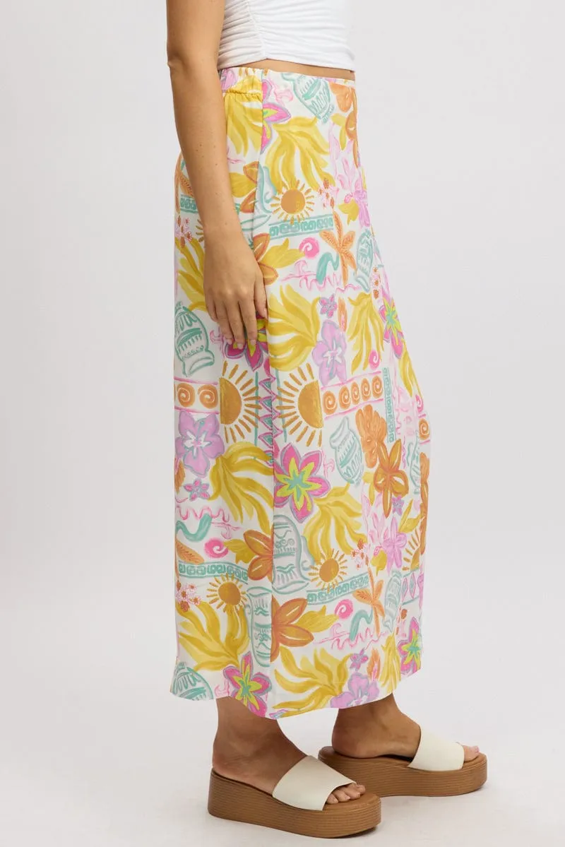 White Abstract Wrap Skirt High Waisted Midaxi