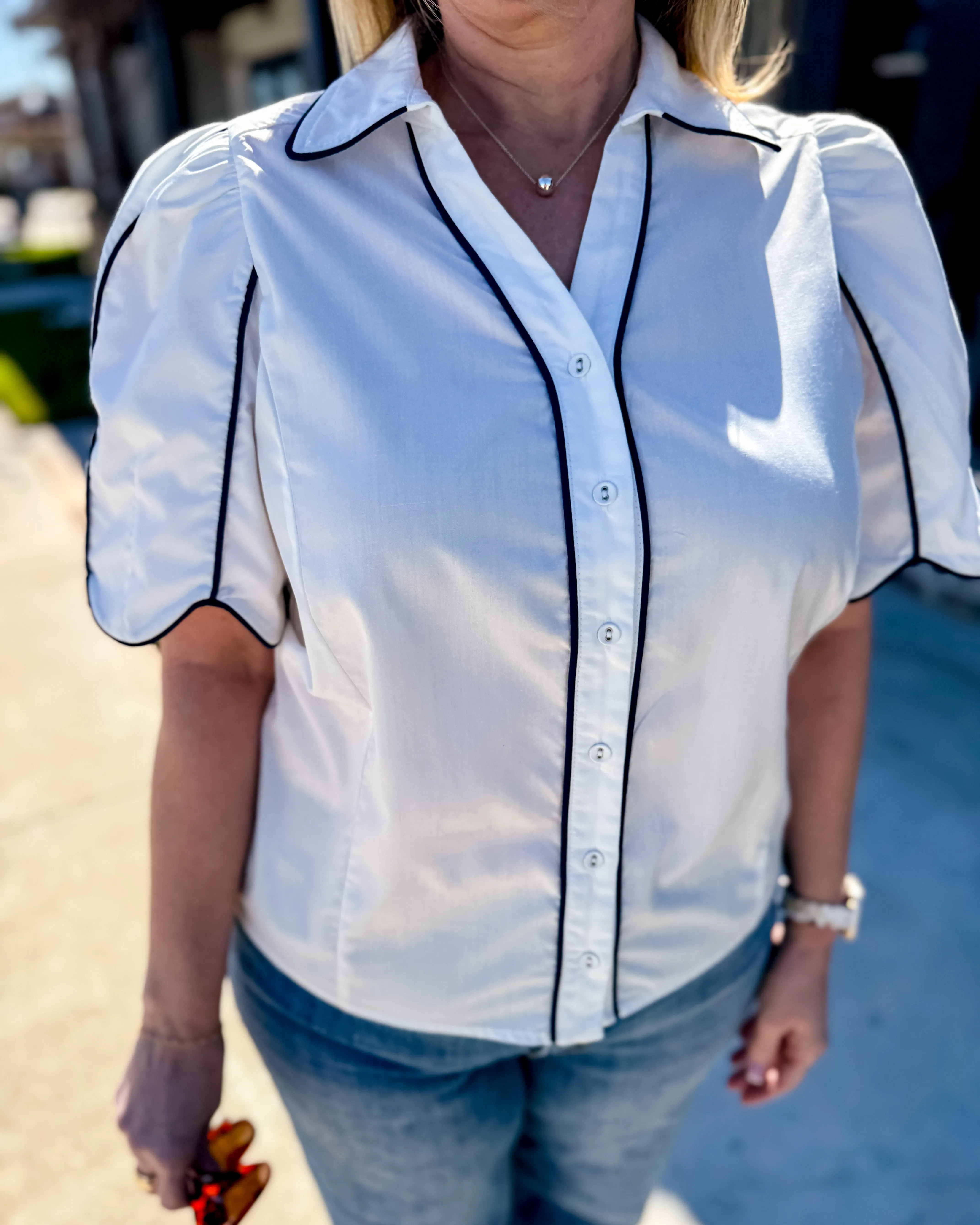White Button Down Top with Black Detail