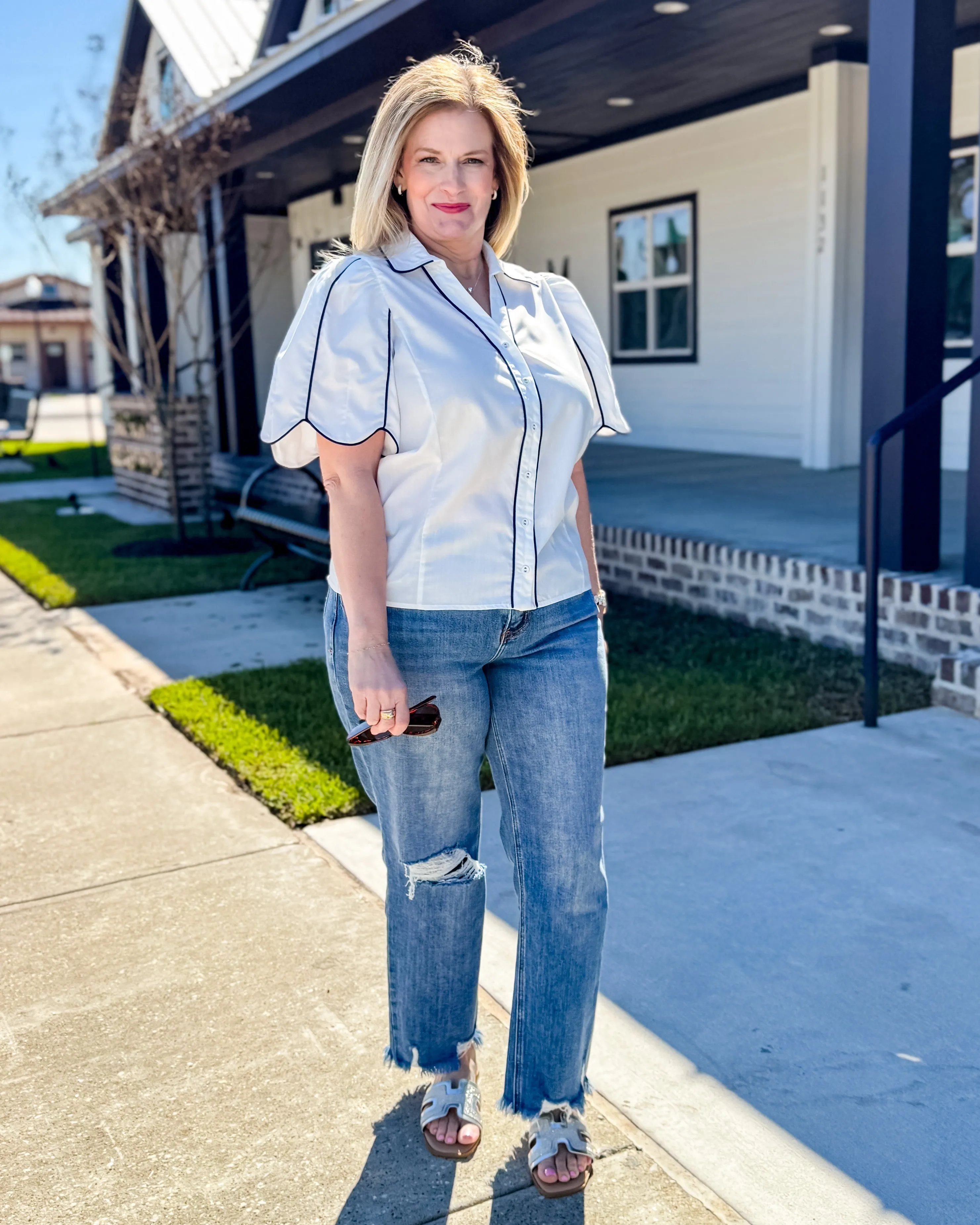 White Button Down Top with Black Detail