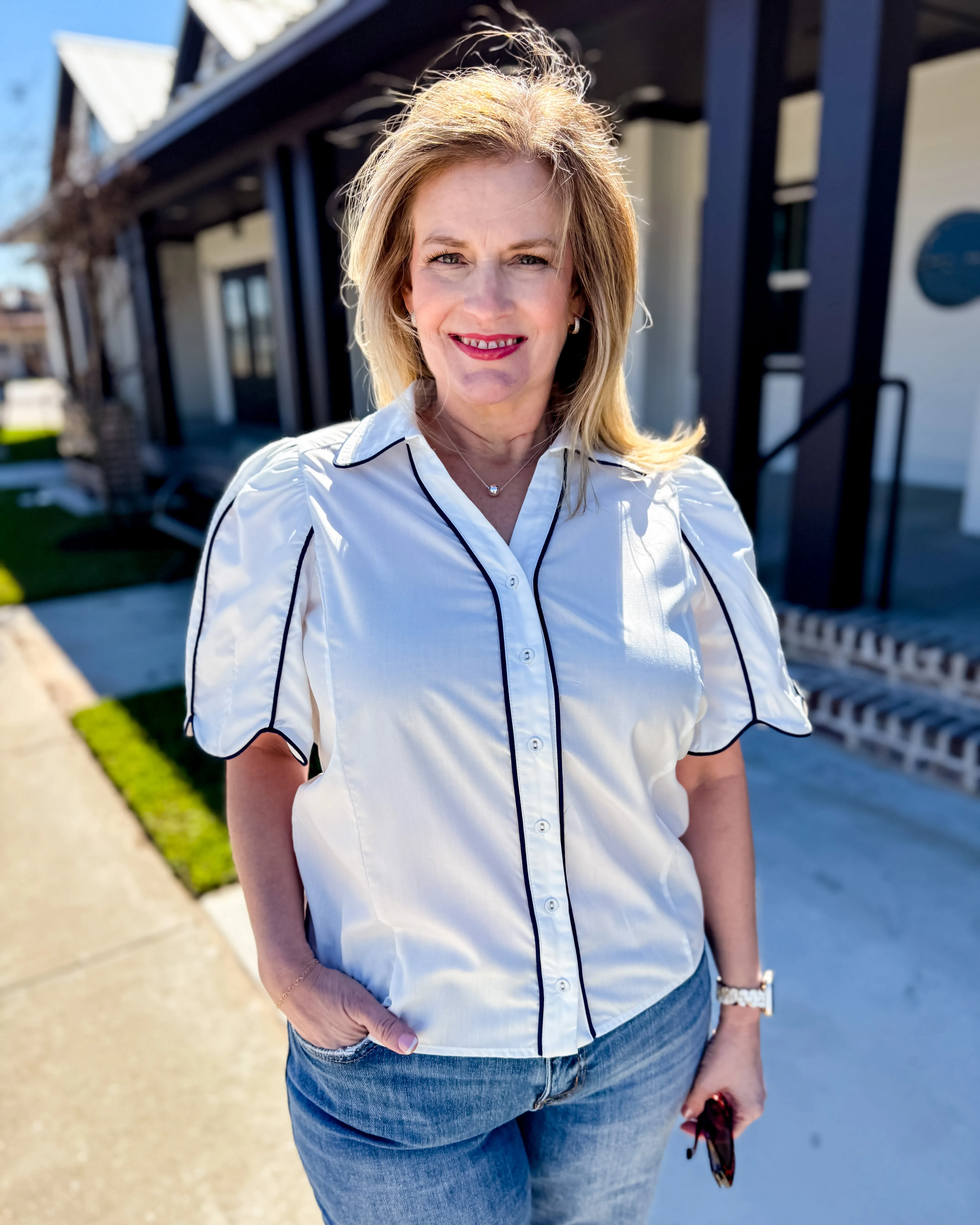 White Button Down Top with Black Detail