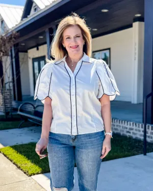 White Button Down Top with Black Detail