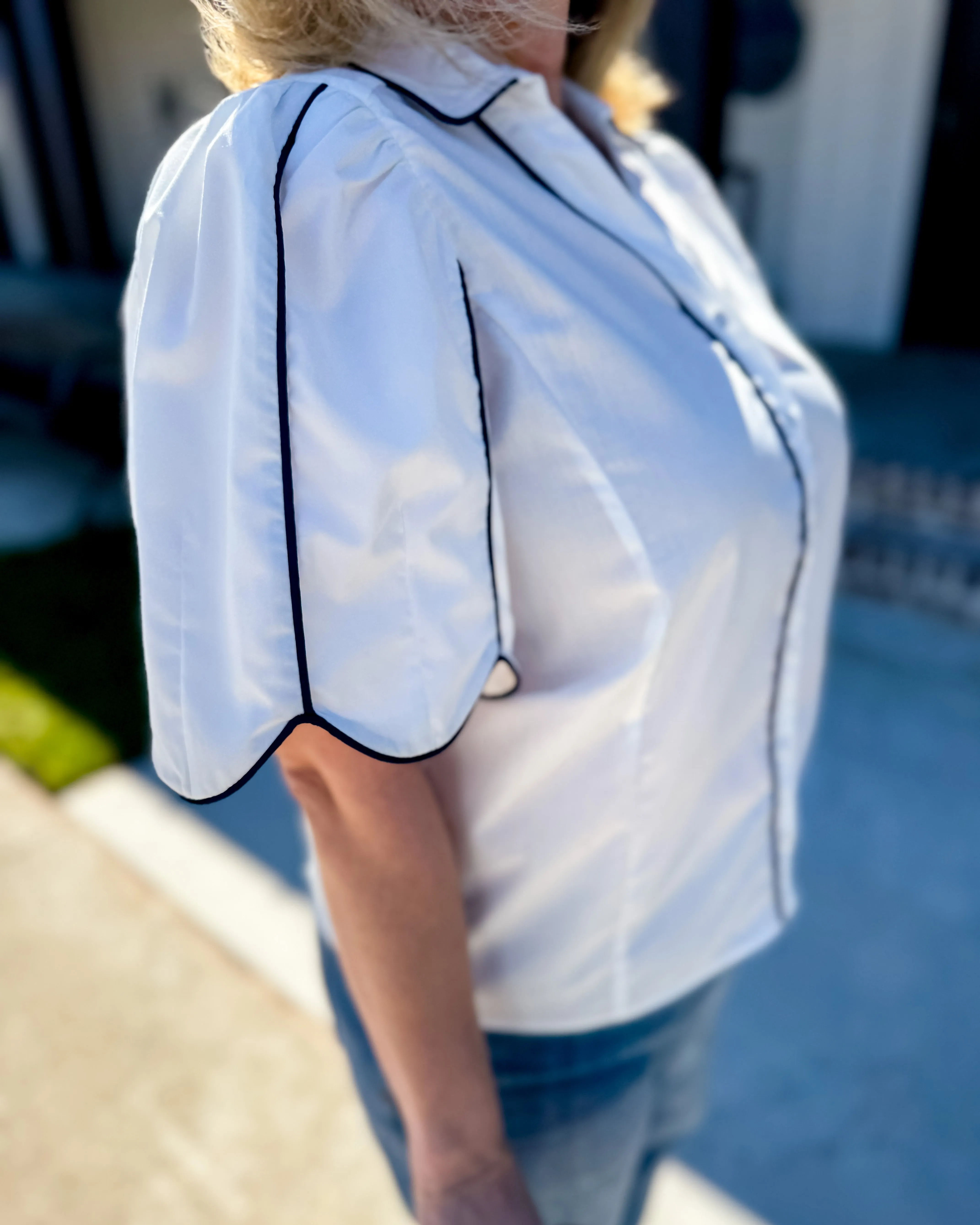 White Button Down Top with Black Detail