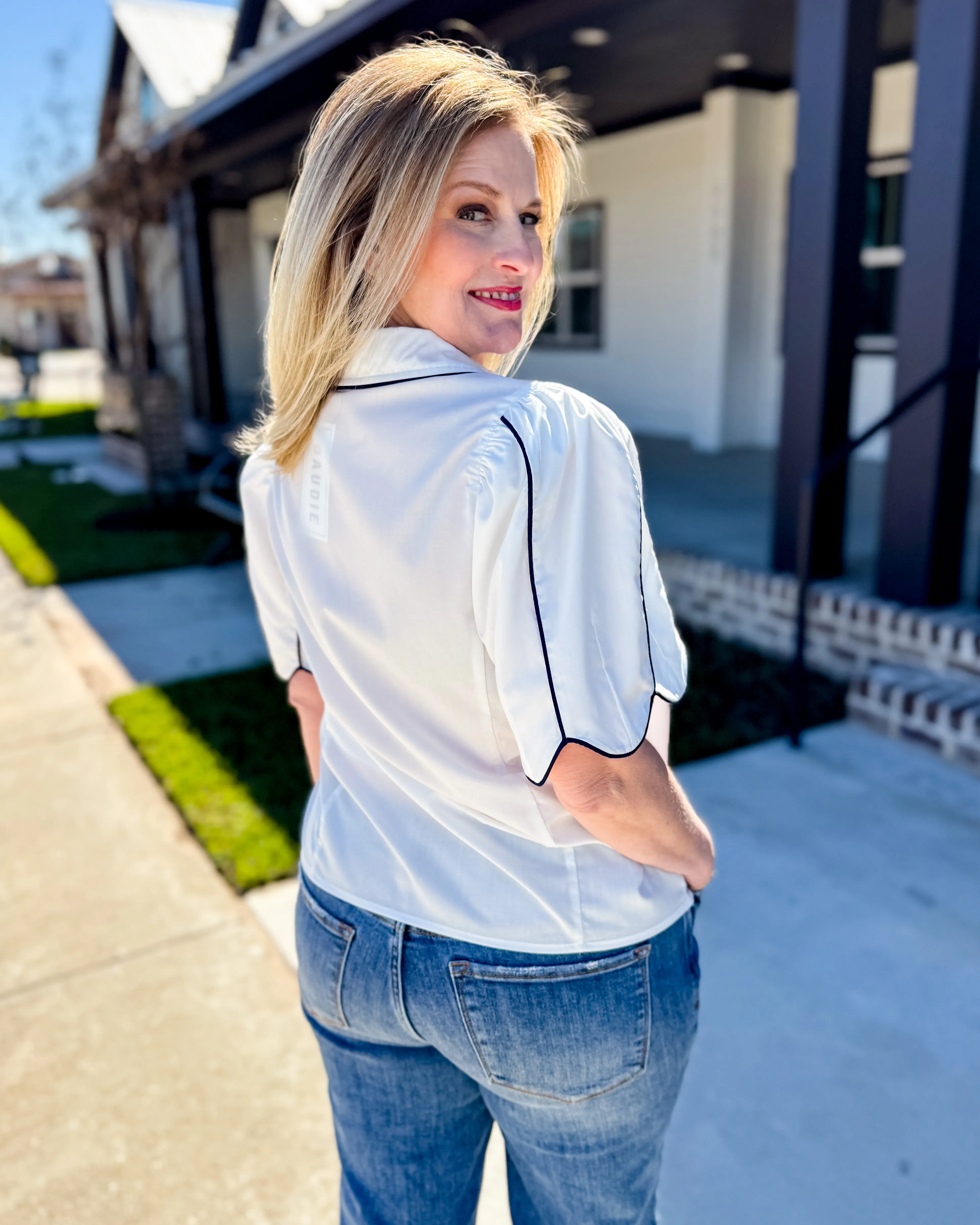White Button Down Top with Black Detail