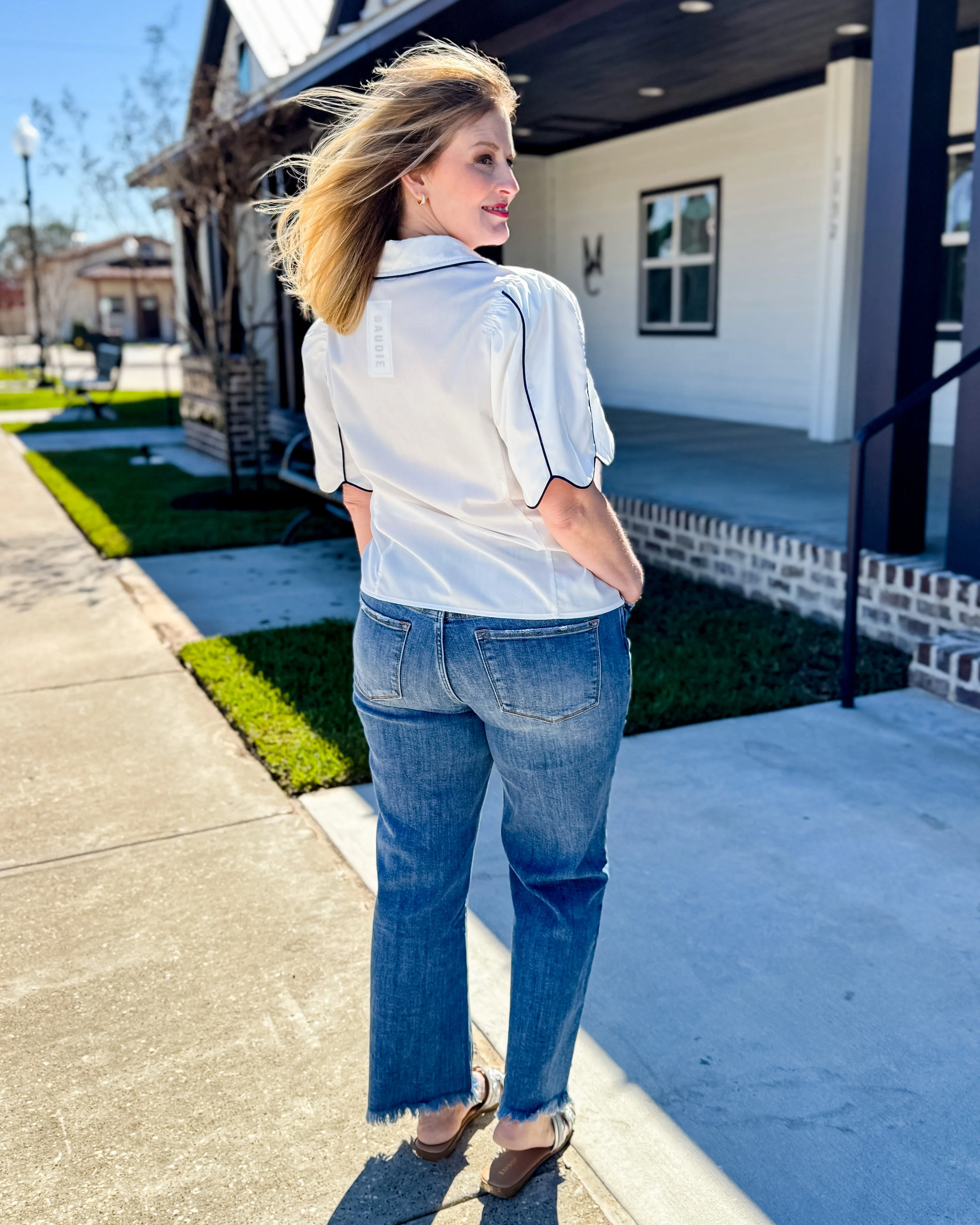 White Button Down Top with Black Detail