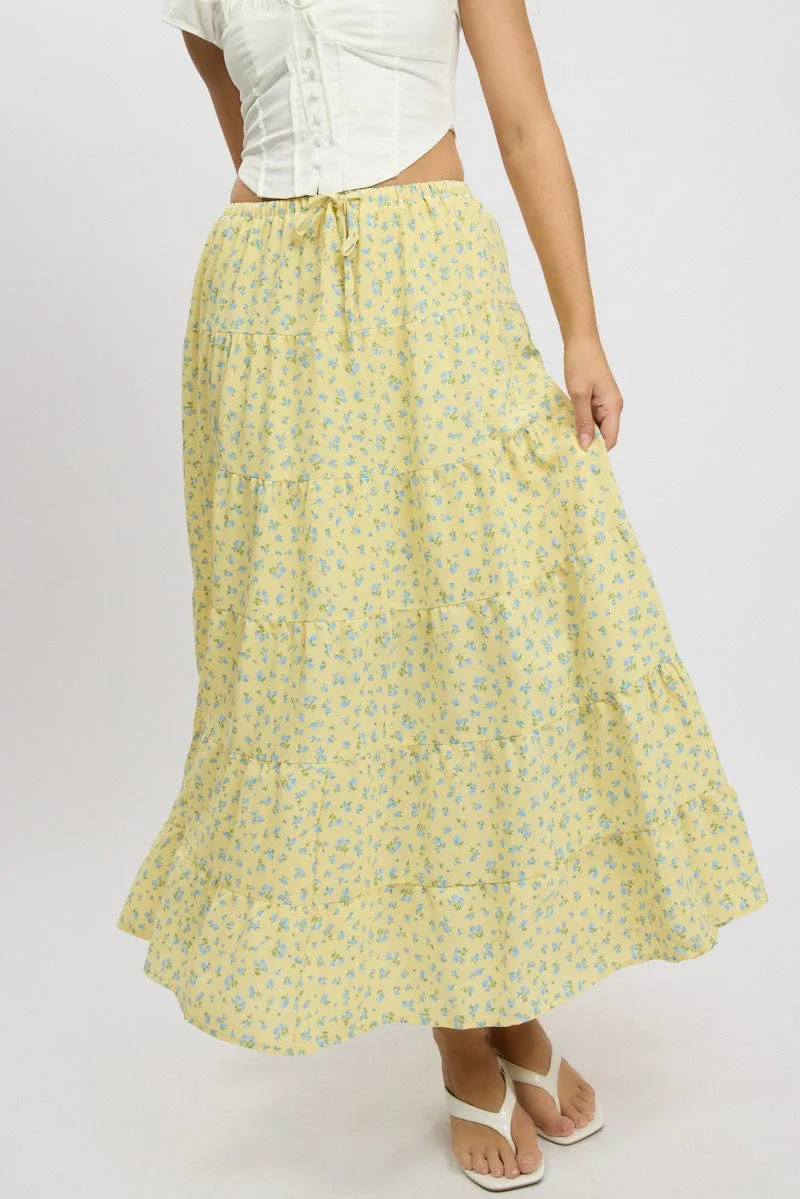 Yellow Ditsy Maxi Skirt Tiered High Rise