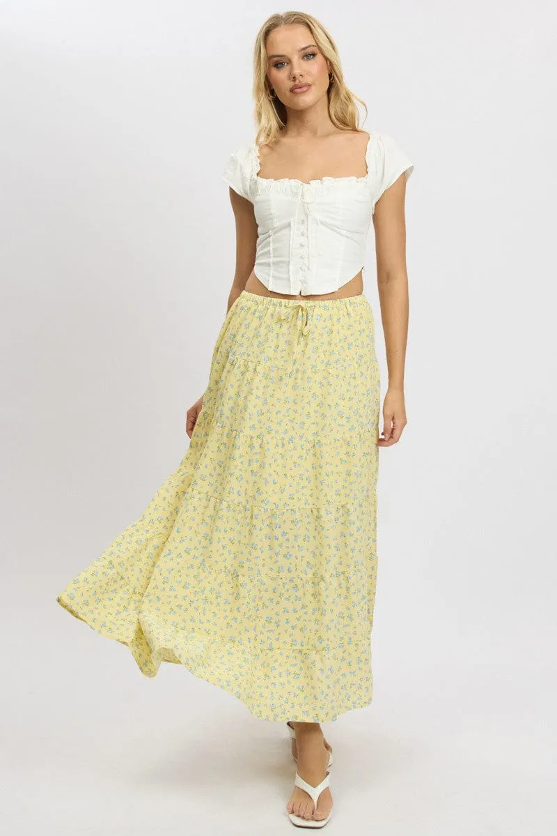 Yellow Ditsy Maxi Skirt Tiered High Rise