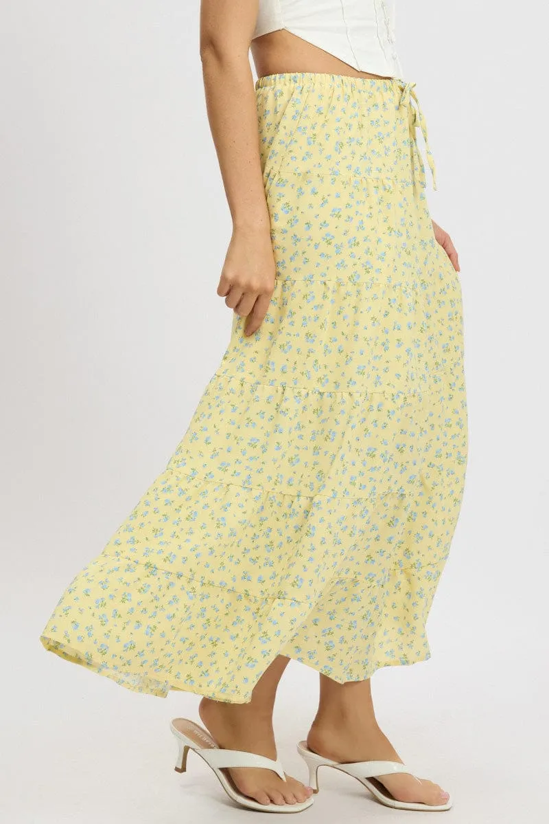 Yellow Ditsy Maxi Skirt Tiered High Rise